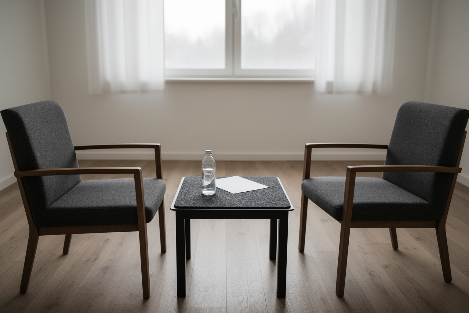 Zwei leere Stühle stehen sich in einem hellen Raum gegenüber, dazwischen ein kleiner Tisch mit Wasser und Filzfläche ohne Schrift