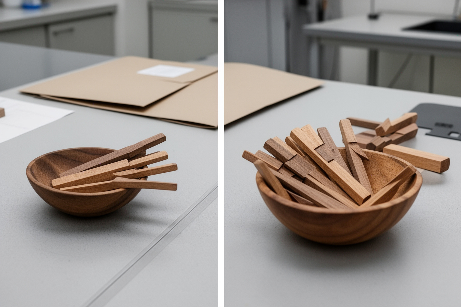 Zwei getrennte Holzschalen liegen auf einem Prüftisch, verbunden durch eine feine Linie; keine Logos und keine lesbare Beschriftung