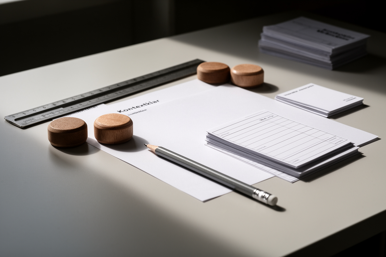 Sachliches Stillleben aus dem Bereich Service: runde Holzmarker, Stift und ein ruhiger Arbeitsgegenstand auf einem hellen Prüftisch; ohne lesbare Schrift